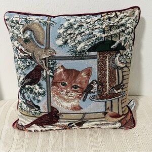 Riverdale Tapestry Pillow Cat Watching Cardinal & Squirrel in Winter Winter Vntg